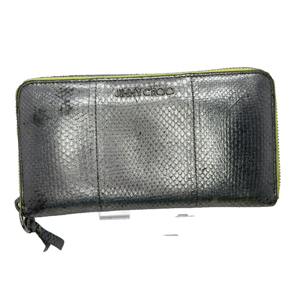 Jimmy Choo Logo Leather Zip Around Long Wallet Silver